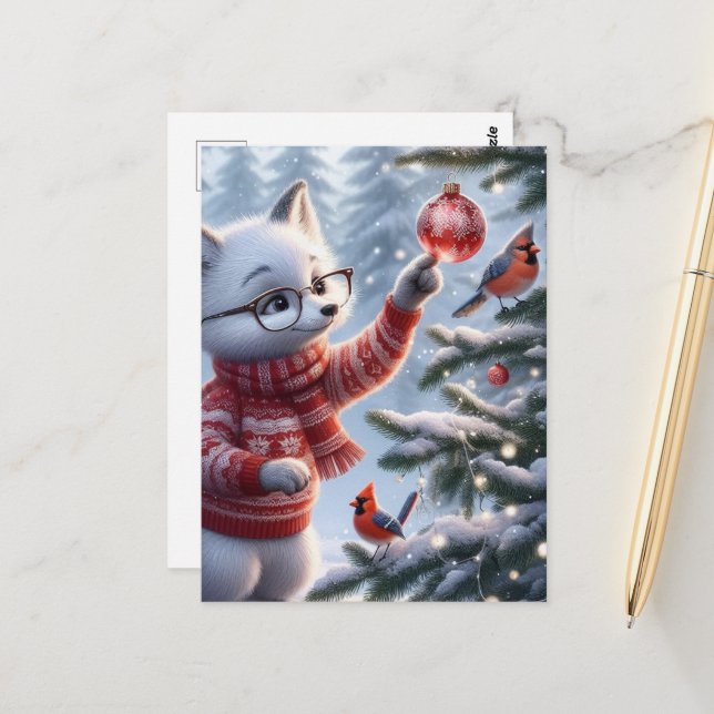 Christmas Artic Fox and the Birds Postcard (Front/Back In Situ)