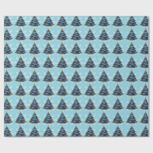 Christmas Artistic Blue Gold Tree Snowflakes Wrapping Paper
