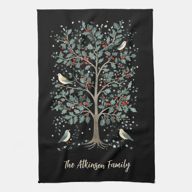 Christmas Arts and Crafts Bird Tree Tea Towel (Vertical)