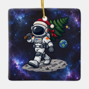 Christmas Astronaut Carrying a Moon Tree Ceramic Ornament