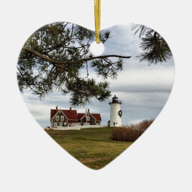 Christmas at Nobska Lighthouse Cape Cod Gifts Ceramic Ornament (Front)