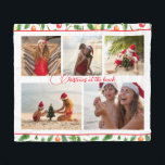 Christmas At The Beach 5 Photo Collage Modern Fleece Blanket<br><div class="desc">Christmas At The Beach 5 Photo Collage Modern Fleece Blanket features a photo collage of five of your favourite photos with your custom text in the centre in elegant red calligraphy script on a white background surrounded by a festive Christmas pattern of greenery and Christmas bauble decorations. Personalise by editing...</div>