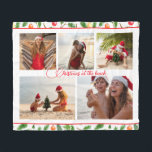 Christmas At The Beach 5 Photo Collage Modern Fleece Blanket<br><div class="desc">Christmas At The Beach 5 Photo Collage Modern Fleece Blanket features a photo collage of five of your favourite photos with your custom text in the centre in elegant red calligraphy script on a white background surrounded by a festive Christmas pattern of greenery and Christmas bauble decorations. Personalise by editing...</div>