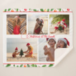 Christmas At The Beach 5 Photo Collage Modern Sherpa Blanket<br><div class="desc">Christmas At The Beach 5 Photo Collage Modern Sherpa Blanket features a photo collage of five of your favourite photos with your custom text in the centre in elegant red calligraphy script on a white background surrounded by a festive Christmas pattern of greenery and Christmas bauble decorations. Personalise by editing...</div>