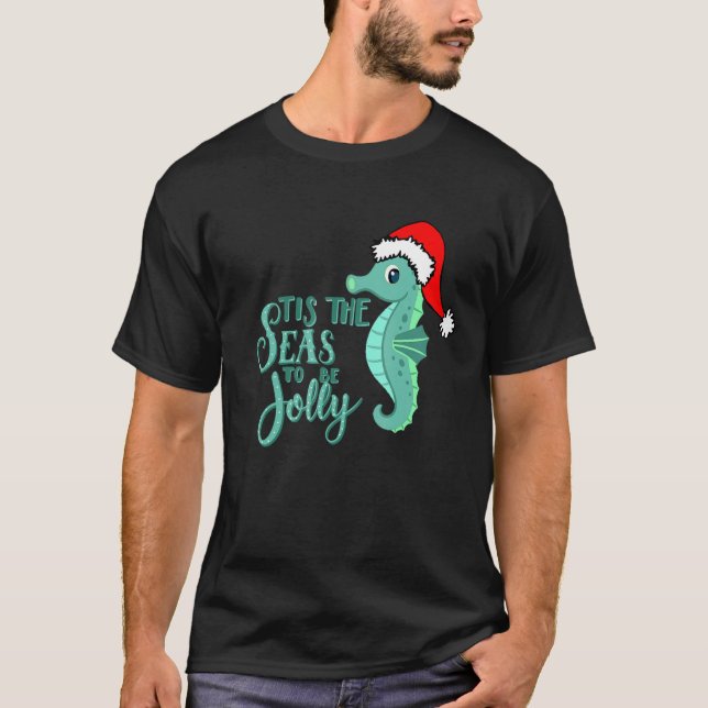Christmas At The Beach Flamingo Santa Seahorse Elv T-Shirt (Front)