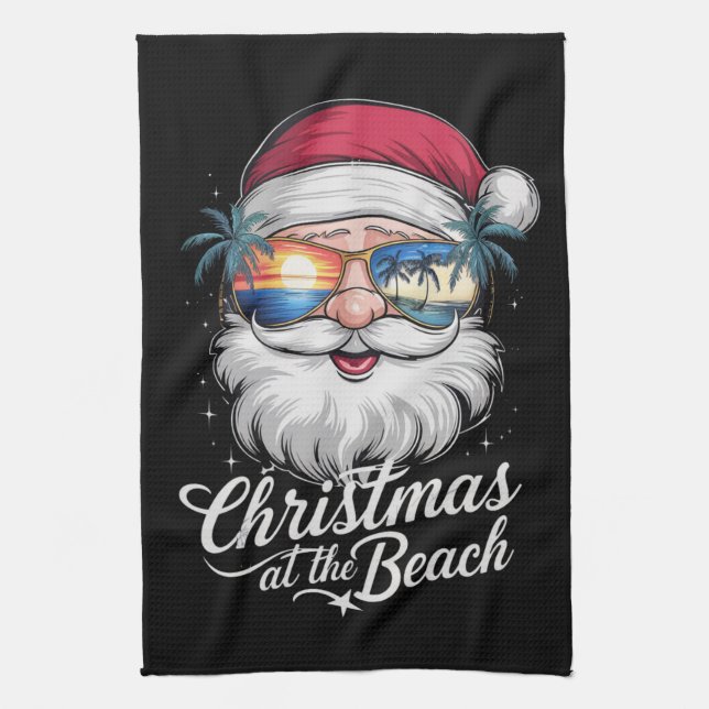 Christmas At The Beach Hawaiian Summer Holiday Tea Towel (Vertical)