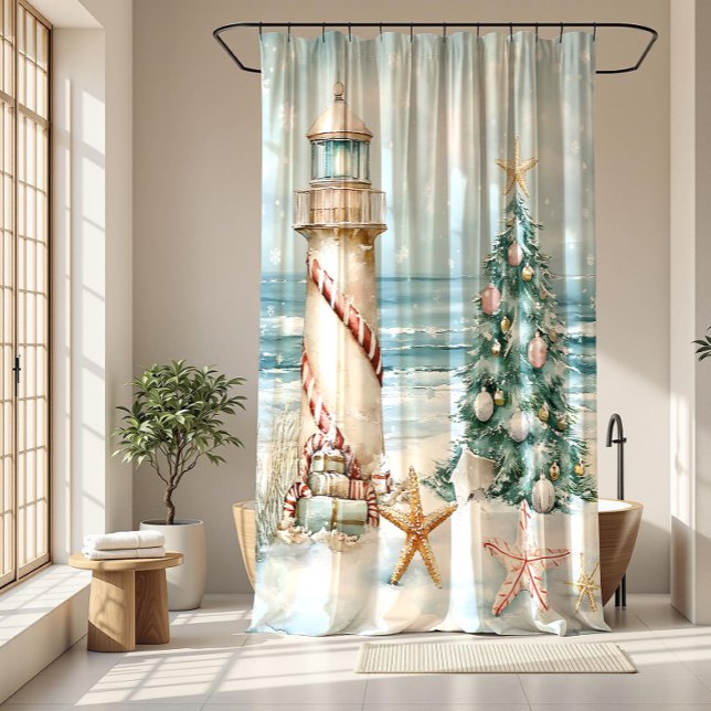 Christmas at the Beach - Lighthouse Christmas Tree Shower Curtain (Creator Uploaded)