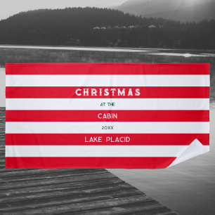 Christmas At The Cabin Red Nautical Stripe Lake Beach Towel