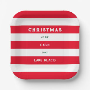 Christmas At The Cabin Red Nautical Stripe Lake Paper Plate