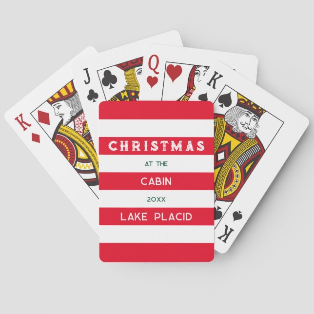 Christmas At The Cabin Red Nautical Stripe Lake Playing Cards (Back)