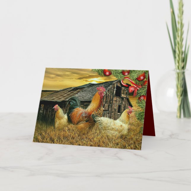 Christmas At The Chicken Coop Rooster Hens Holiday Card (Front)