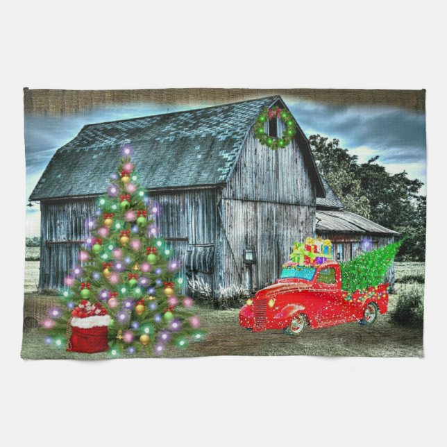 Christmas At The Farm Rustic Barn Tea Towel (Horizontal)