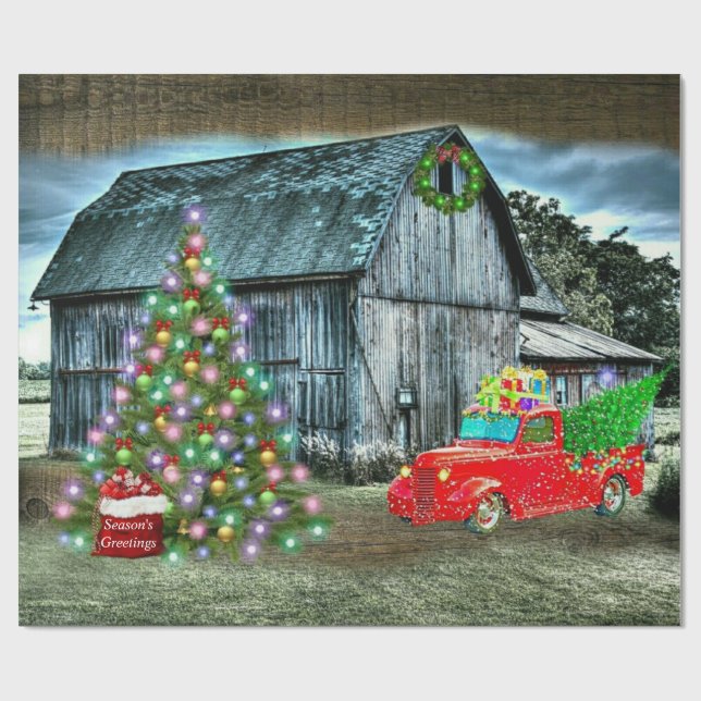 Christmas At The Farm Rustic Barn Wrapping Paper (Flat)