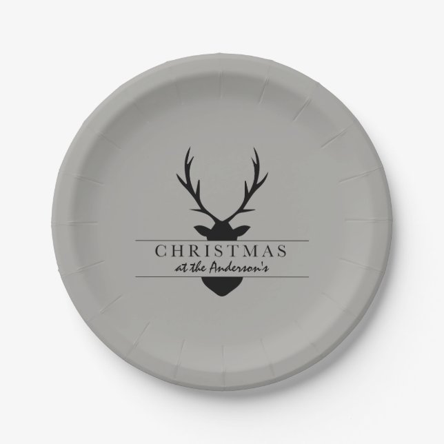 christmas at the... rustic, woodland, stag paper plate (Front)