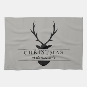 christmas at the... rustic, woodland, stag tea towel