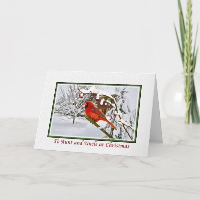 Christmas, Aunt, Uncle, Cardinal Bird, Snow, Card (Front)