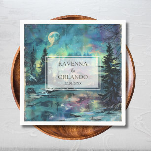 Christmas Aurora Moonlit Lake Forest Wedding Napkin