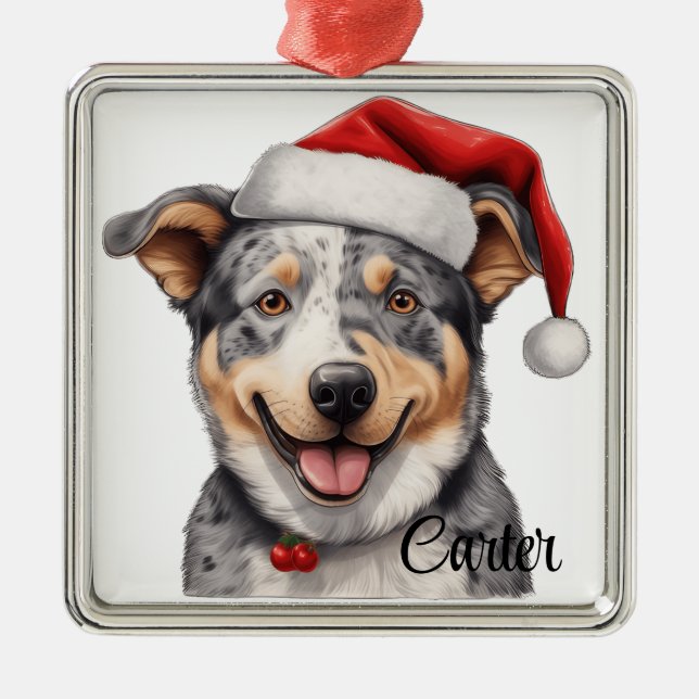 CHRISTMAS AUSTRALIAN CATTLE DOG WITH SANTA HAT METAL ORNAMENT (Front)