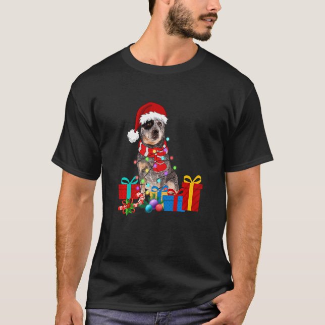 Christmas Australian Cattle Dog Xmas Lights Santa  T-Shirt (Front)