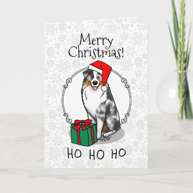 Christmas Australian Shepherd (blue merle tan/w 1) Card (Front)