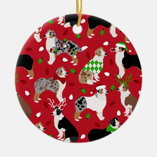 Christmas Australian Shepherd Ceramic Ornament (Front)