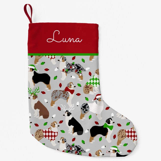 Christmas Australian Shepherd Custom Name Small Christmas Stocking (Front)