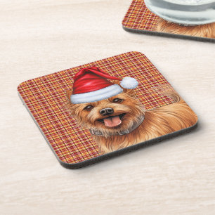 Christmas Australian Terrier Dog Plaid Holiday Coaster