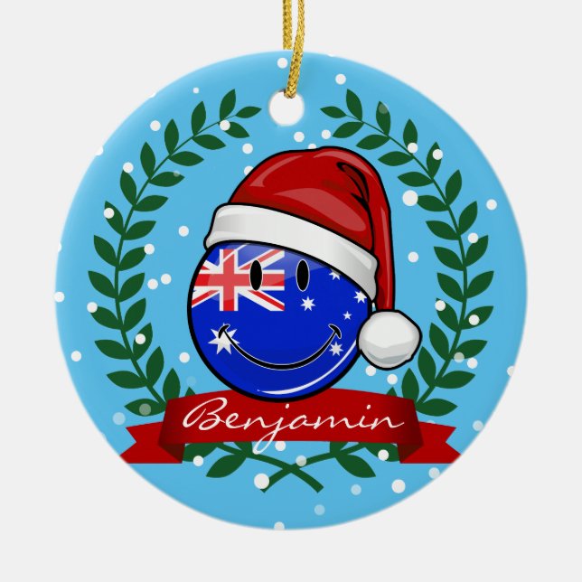 Christmas Auzzie style Smiling Australian Flag Ceramic Tree Decoration (Front)