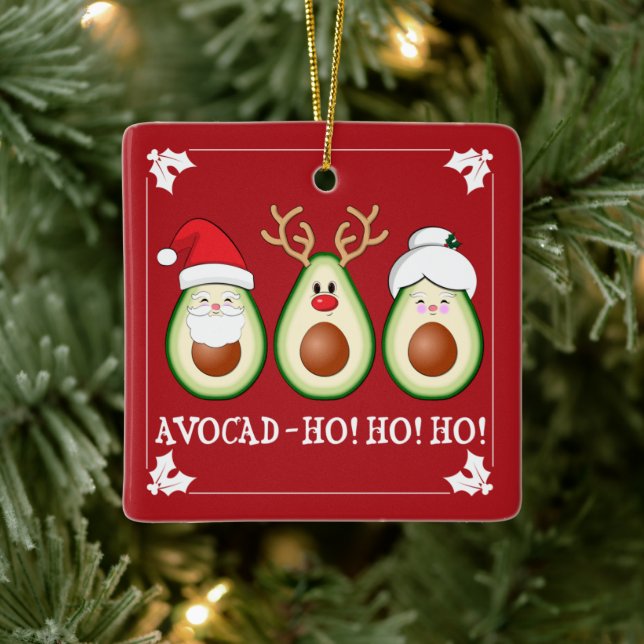 Christmas Avocado Santa, Rudolph, & Mrs. Claus Ceramic Ornament (Tree)