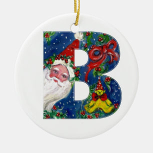 CHRISTMAS B LETTER / SANTA CLAUS WITH RED RIBBON CERAMIC ORNAMENT
