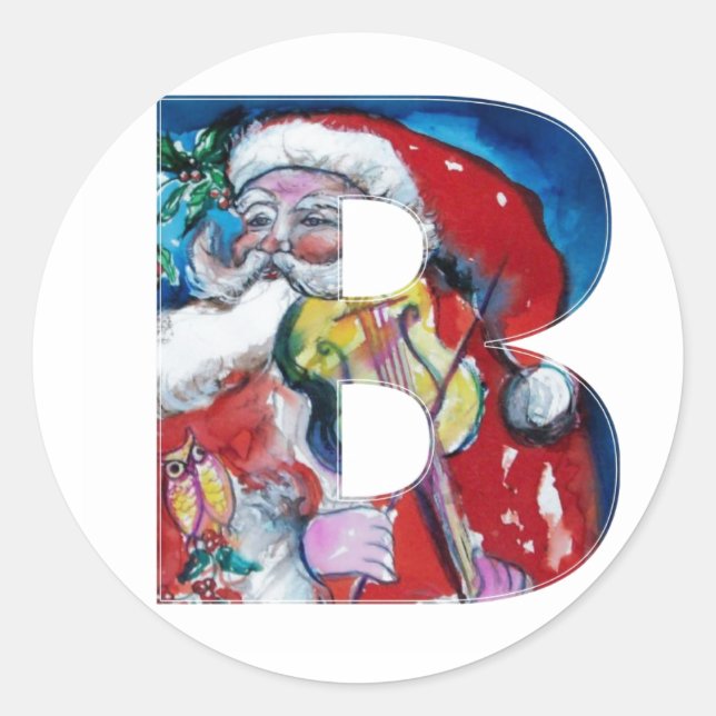 CHRISTMAS B LETTER  / SANTA WITH VIOLIN MONOGRAM CLASSIC ROUND STICKER (Front)