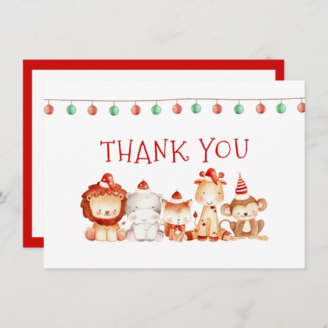 Christmas Baby Animals in Red Party Hats Thank You Card (Front/Back)