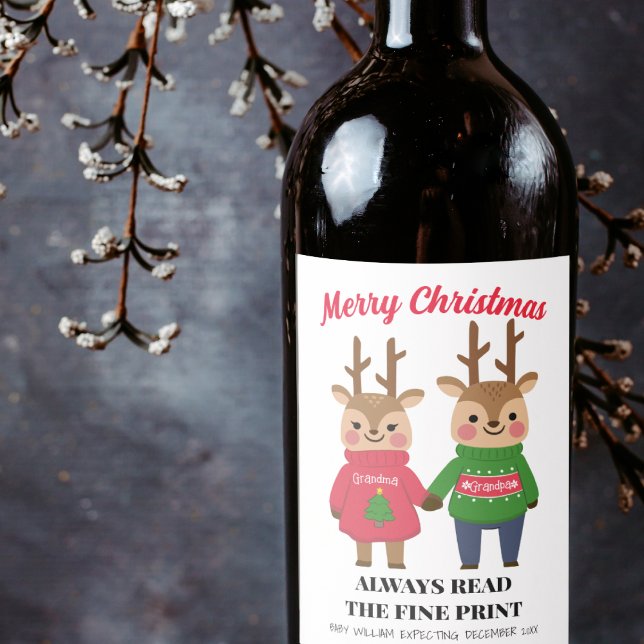 Christmas Baby Announcement Grandparent Fine Print Wine Label (Christmas Baby Announcement Grandparent Fine Print Wine Label, cute pregnancy announcement)