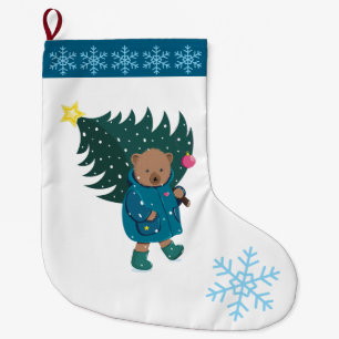 Christmas Baby Bear Christmas Tree Snowflakes. Large Christmas Stocking