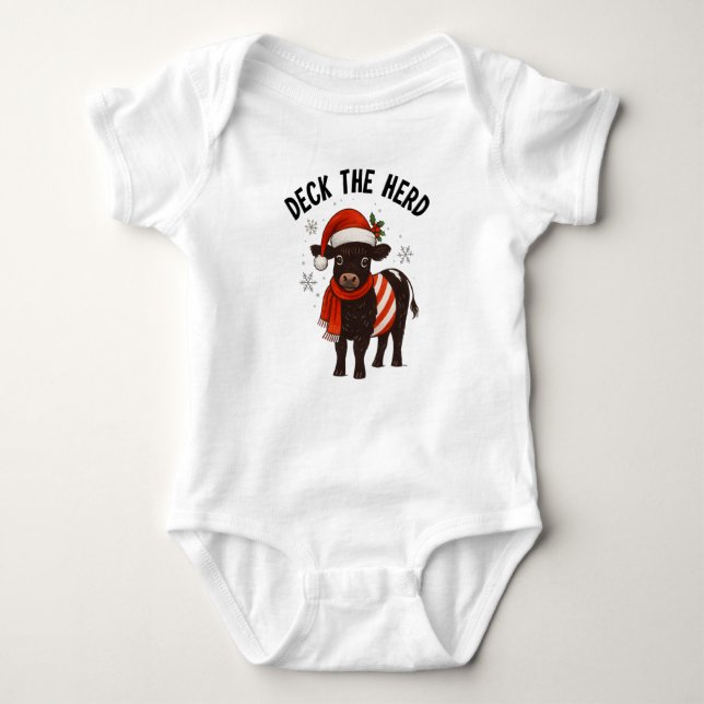 Christmas Baby Beltie Farmer Belted Galloway Cow Baby Bodysuit (Front)