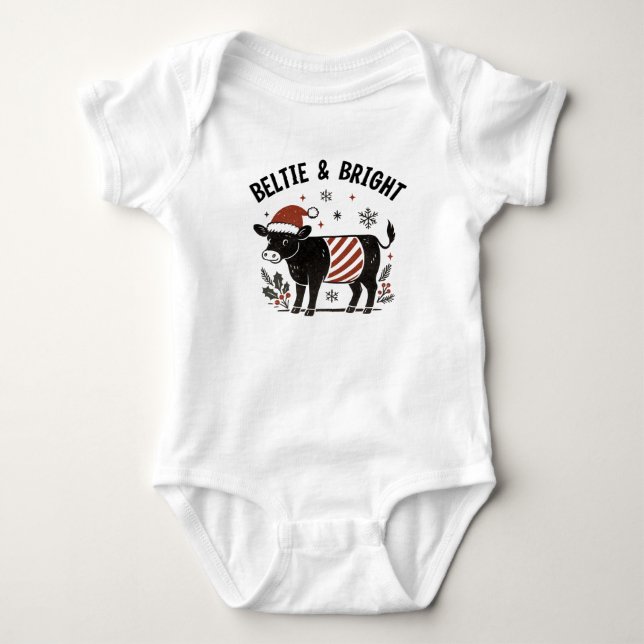 Christmas Baby Beltie Farmer Belted Galloway Cow Bodysuit (Front)