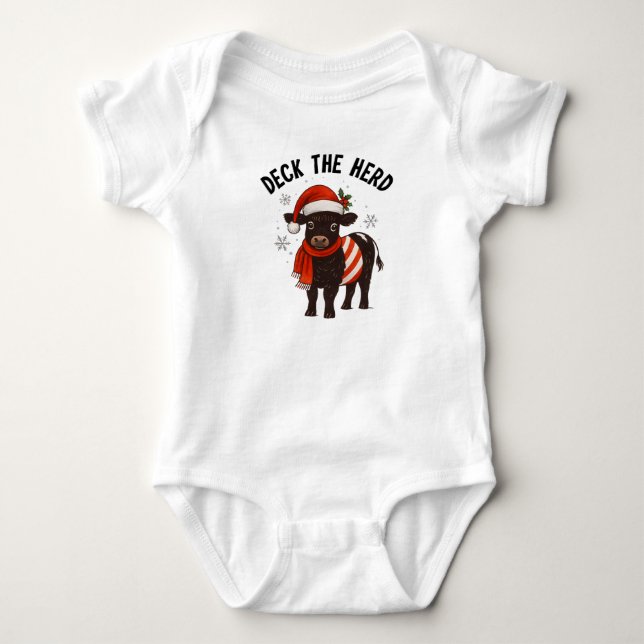 Christmas Baby Beltie Farmer Belted Galloway Cow Bodysuit (Front)