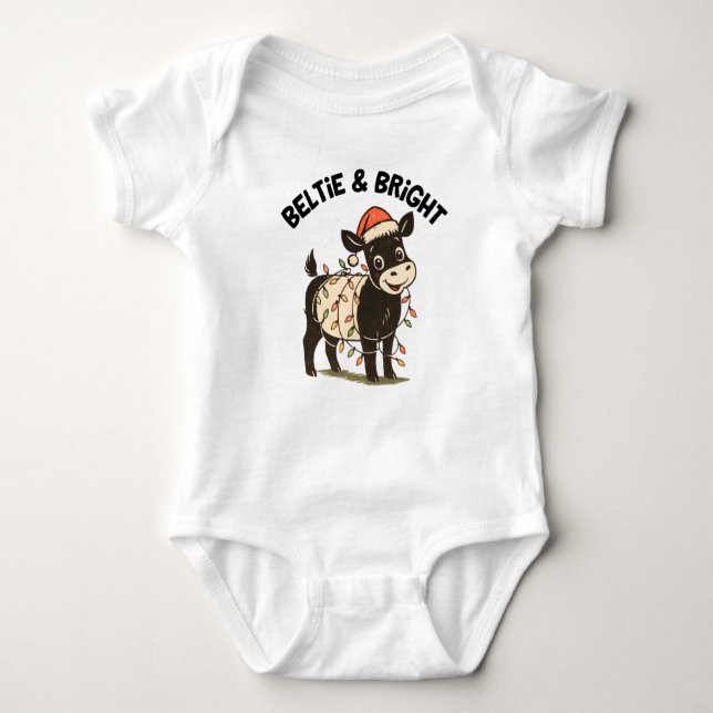 Christmas Baby Beltie Farmer Belted Galloway Cow Bodysuit (Front)