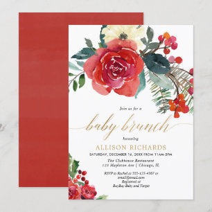 Christmas baby brunch red floral watercolor shower invitation
