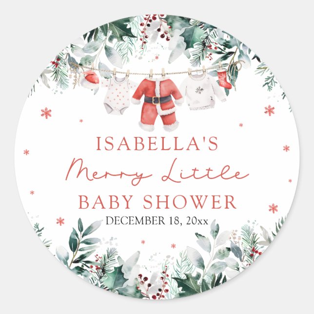 Christmas Baby Clothes Merry Little Baby Shower Classic Round Sticker (Front)