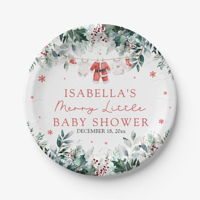 Christmas Baby Clothes Merry Little Baby Shower Paper Plate (Front)