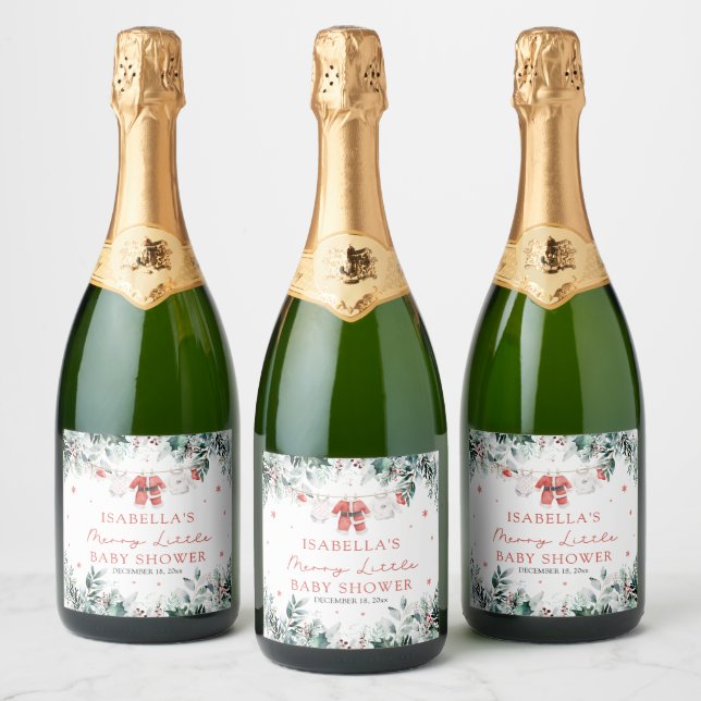 Christmas Baby Clothes Merry Little Baby Shower Sparkling Wine Label (Bottles)