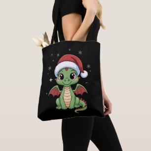 Christmas Baby Dragon Santa Hat Snowflakes Cute Tote Bag