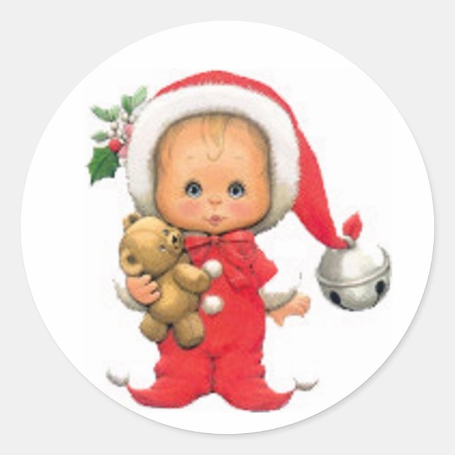 Christmas Baby Elf And Teddy Classic Round Sticker (Front)