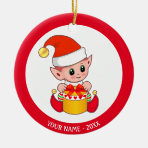 Christmas Baby Elf & Custom Name Ceramic Ornament