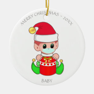 Christmas baby elf with face mask ceramic ornament