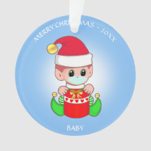 Christmas baby elf with face mask on light blue ornament