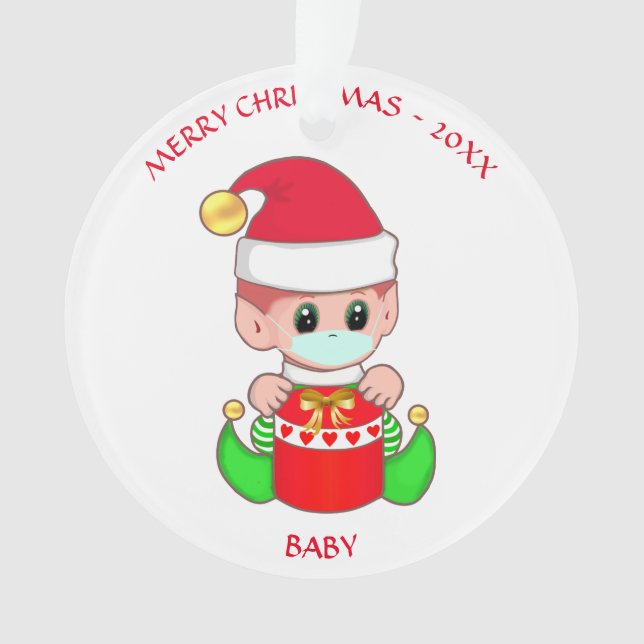 Christmas baby elf with face mask on white ornament (Front)