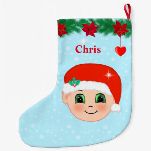 Christmas baby face, hearts, poinsettias and pine large christmas stocking