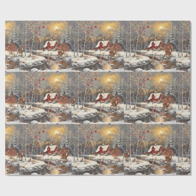 Christmas Baby Fawn Winter Red Cottage Wrapping Paper (Flat)